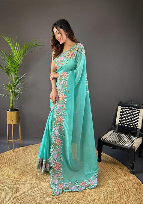 Sea Green Embroidered Silk Saree Set