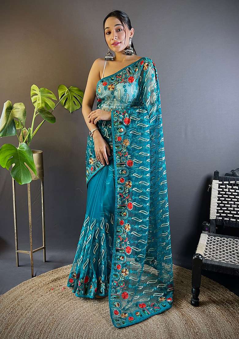 Rama Blue Thread Embroidered Butterfly Net Saree Set - Indya