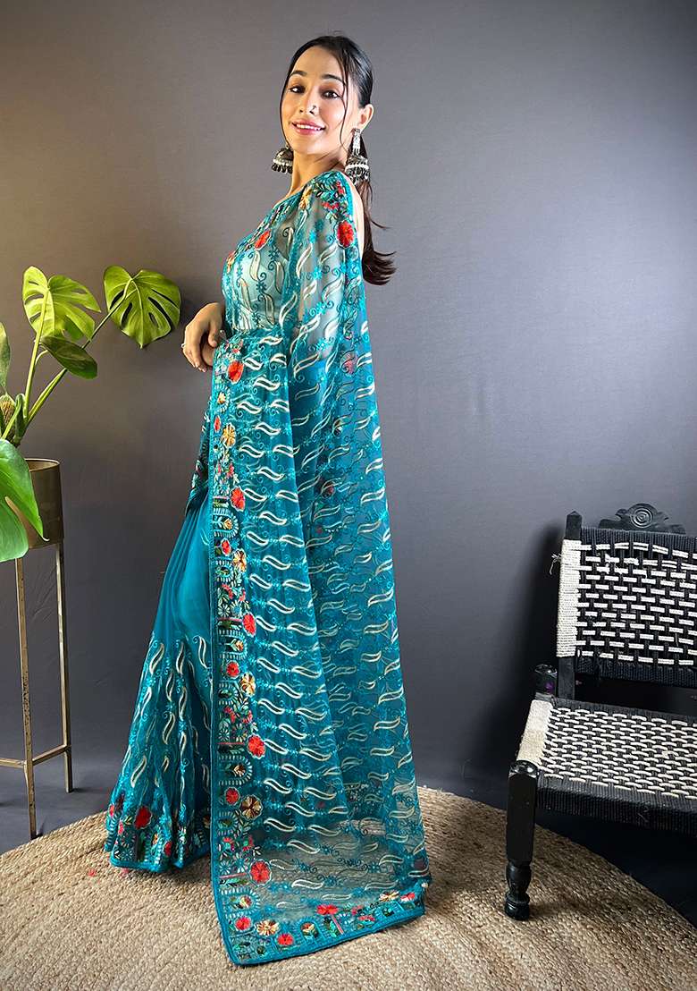 Rama Blue Thread Embroidered Butterfly Net Saree Set - Indya