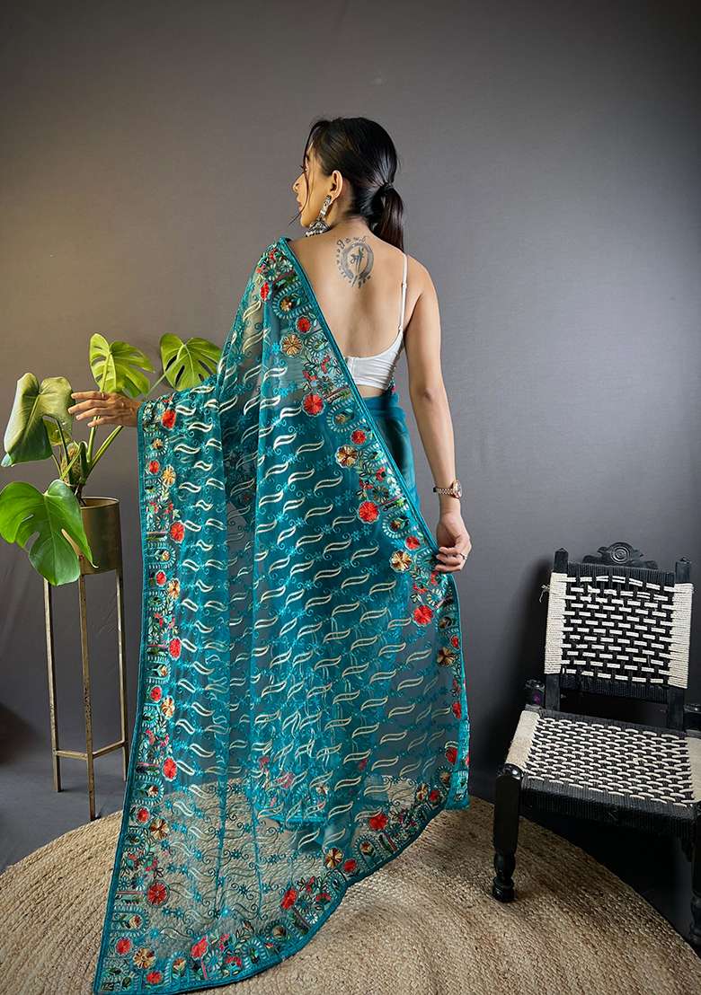 Rama Blue Thread Embroidered Butterfly Net Saree Set - Indya