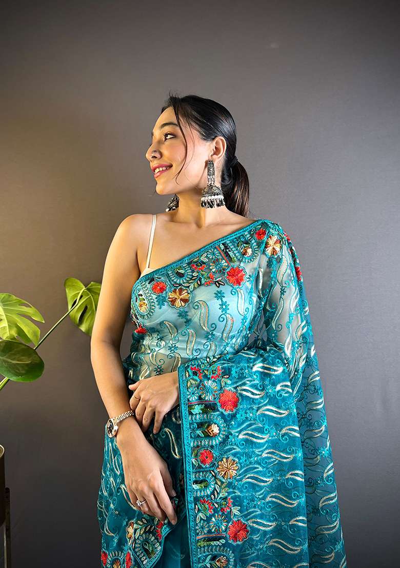 Rama Blue Thread Embroidered Butterfly Net Saree Set - Indya