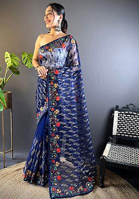 Blue Thread Embroidered Butterfly Net Saree Set