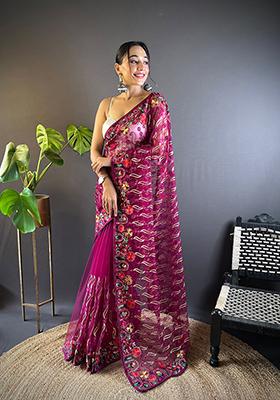 Magenta Thread Embroidered Butterfly Net Saree Set