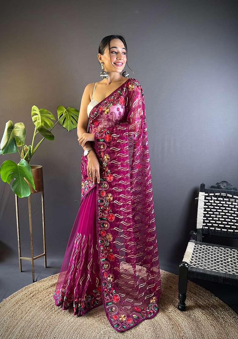 Magenta Thread Embroidered Butterfly Net Saree Set - Indya