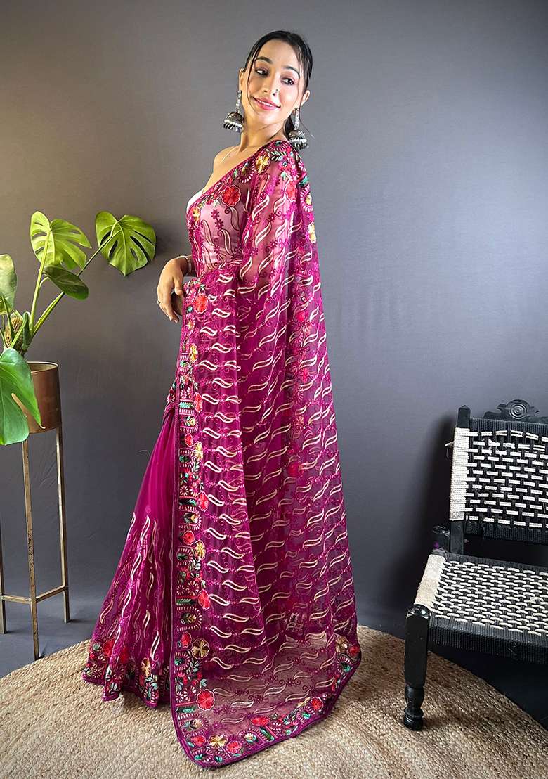 Magenta Thread Embroidered Butterfly Net Saree Set - Indya