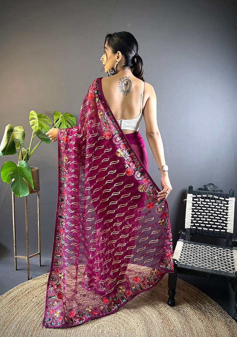 Magenta Thread Embroidered Butterfly Net Saree Set - Indya