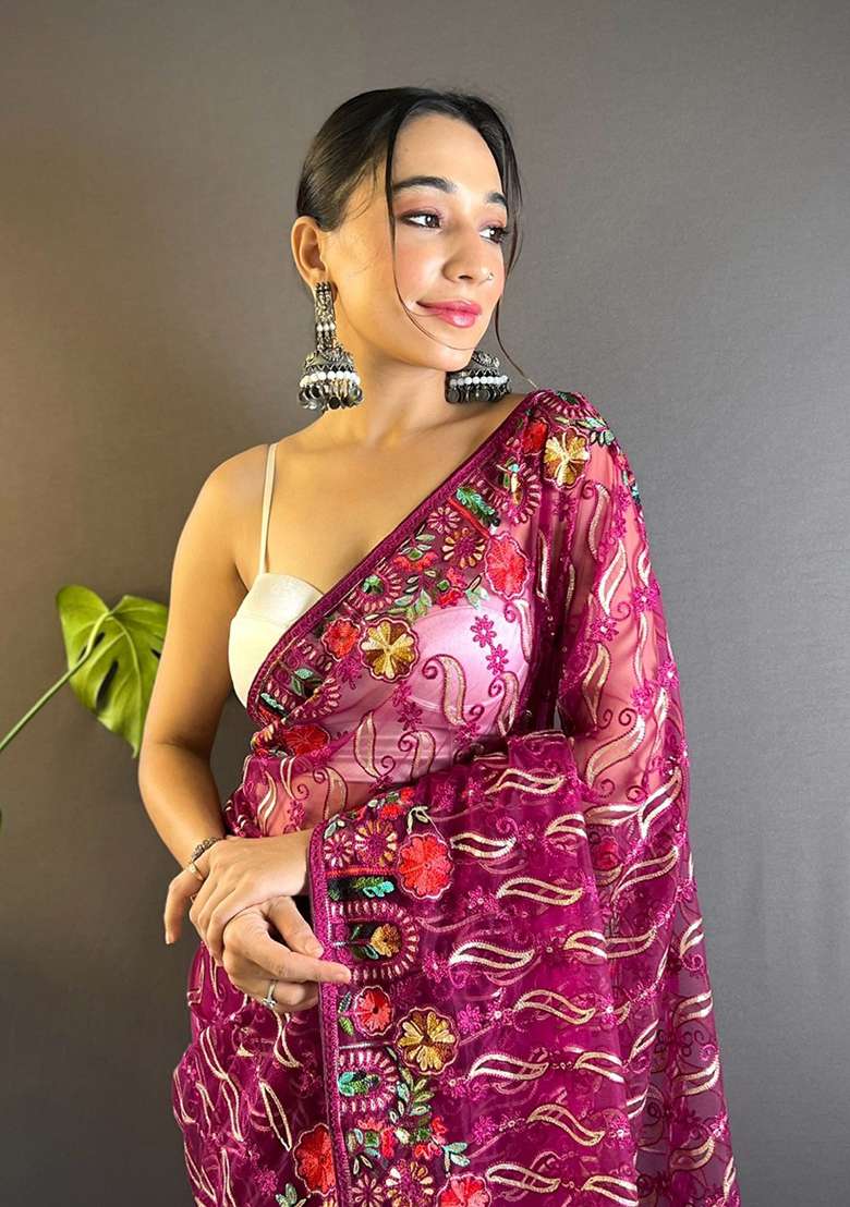 Magenta Thread Embroidered Butterfly Net Saree Set - Indya