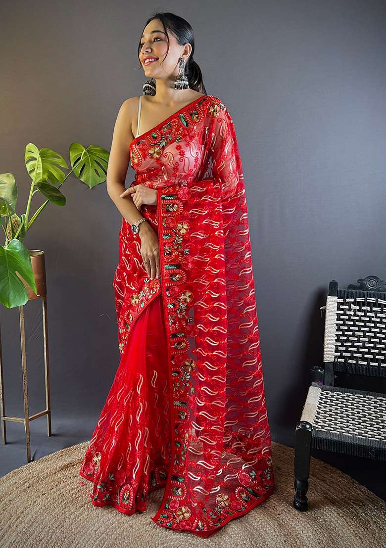 Red Thread Embroidered Butterfly Net Saree Set - Indya
