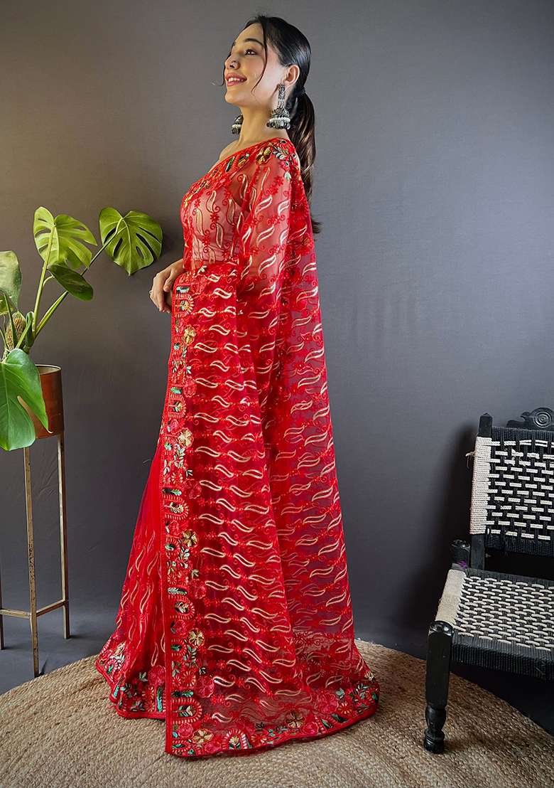 Red Thread Embroidered Butterfly Net Saree Set - Indya