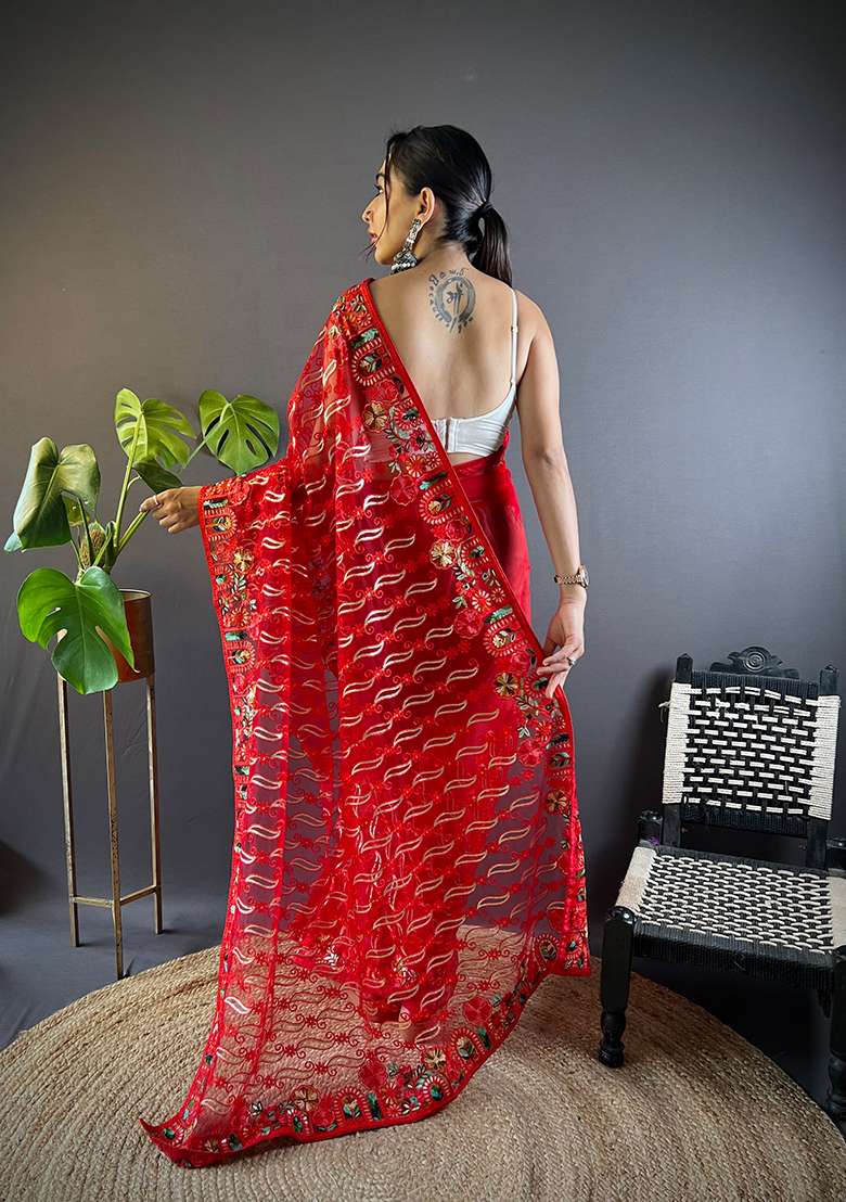 Red Thread Embroidered Butterfly Net Saree Set - Indya
