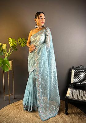 Grey Sequin Thread Embroidered Twill Net Saree Set