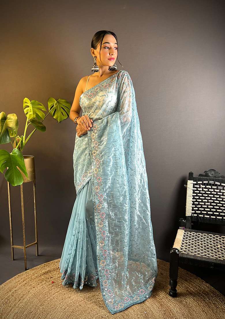 Grey Sequin Thread Embroidered Twill Net Saree Set - Indya