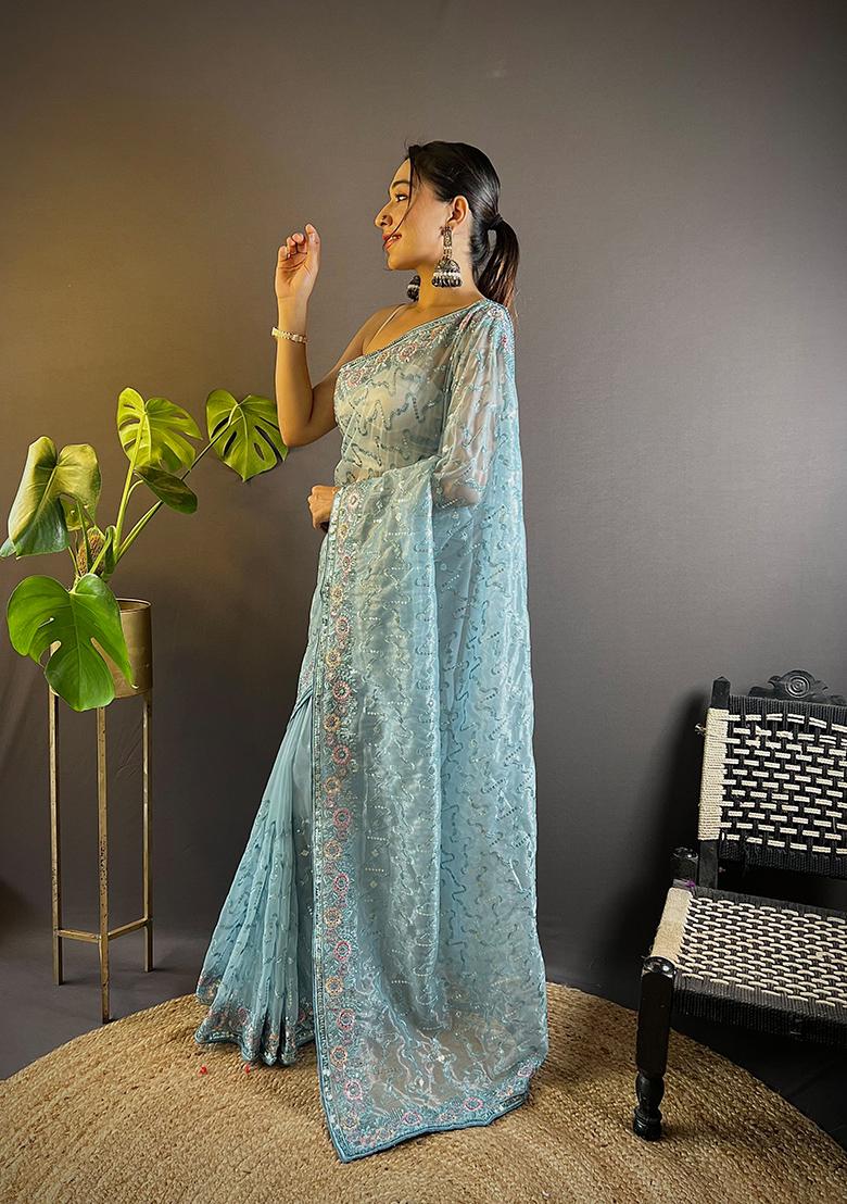 Grey Sequin Thread Embroidered Twill Net Saree Set
