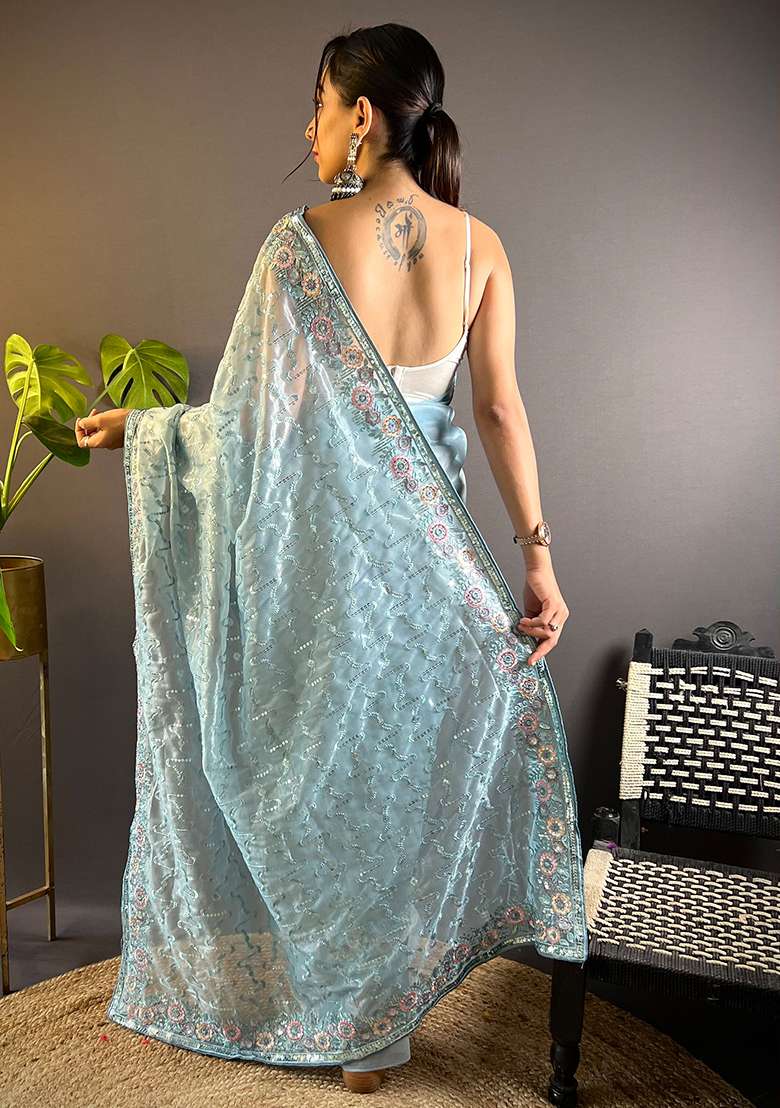 Grey Sequin Thread Embroidered Twill Net Saree Set - Indya
