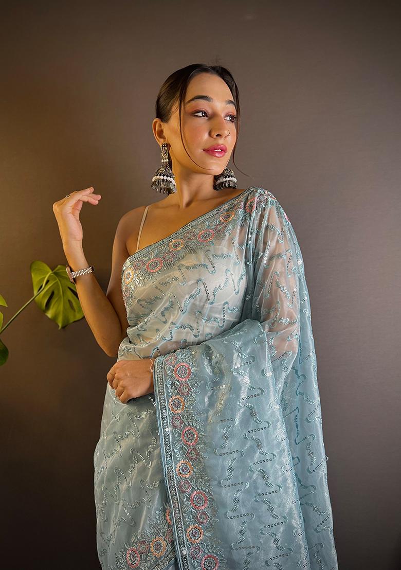 Grey Sequin Thread Embroidered Twill Net Saree Set