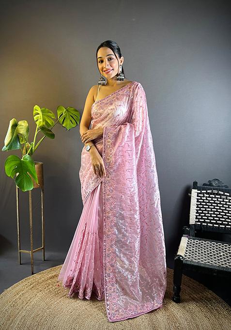 Pink Sequin Thread Embroidered Twill Net Saree Set