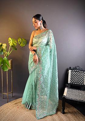 Sea Green Sequin Thread Embroidered Twill Net Saree Set