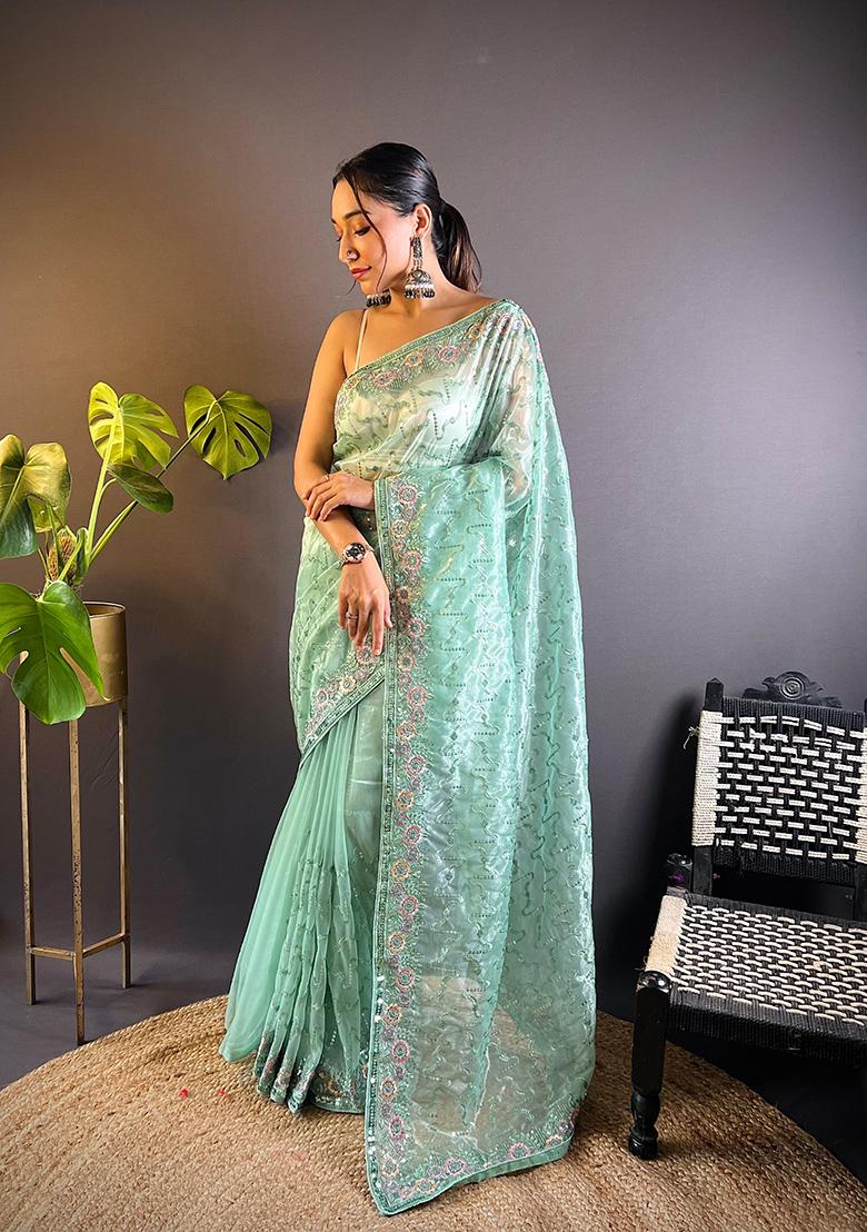 Sea Green Sequin Thread Embroidered Twill Net Saree Set