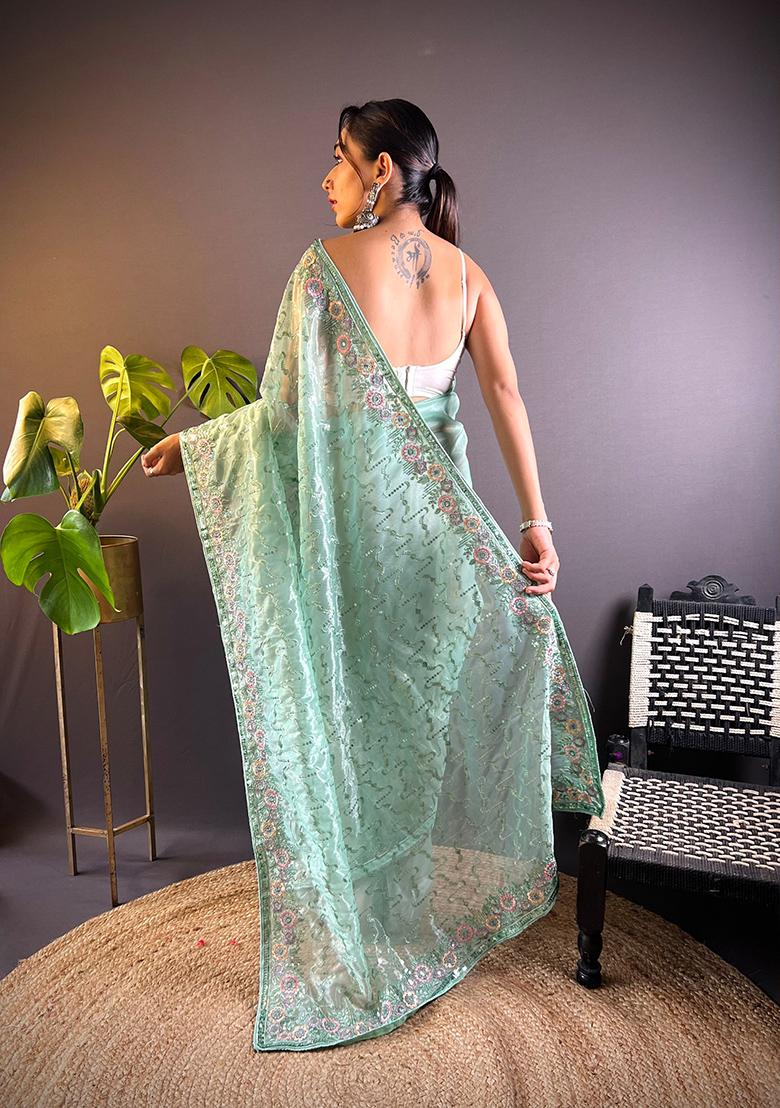 Sea Green Sequin Thread Embroidered Twill Net Saree Set