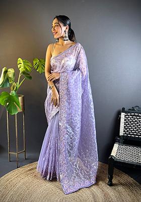 Purple Sequin Thread Embroidered Twill Net Saree Set