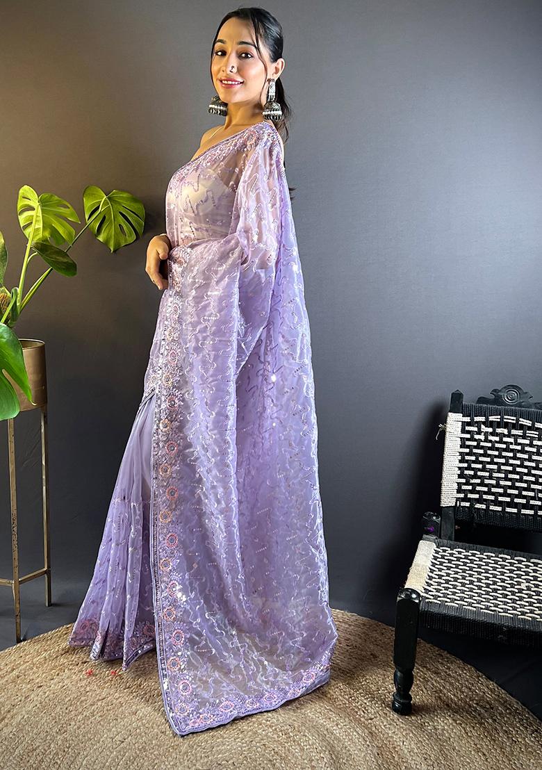 Purple Sequin Thread Embroidered Twill Net Saree Set