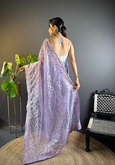 Purple Sequin Thread Embroidered Twill Net Saree Set