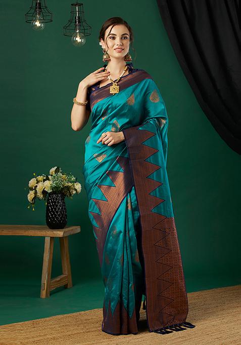 Aqua Blue Zari Woven Banarasi Silk Saree Set