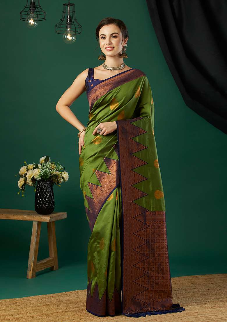 Green Zari Woven Banarasi Silk Saree Set - Indya