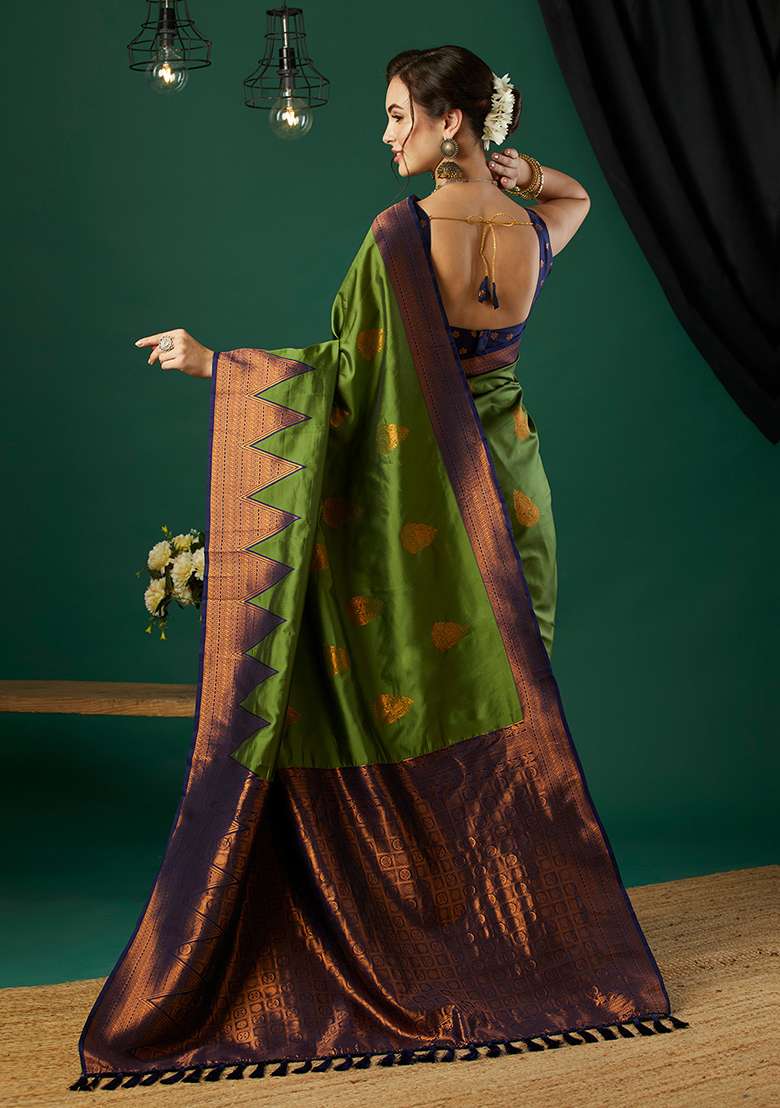 Green Zari Woven Banarasi Silk Saree Set - Indya
