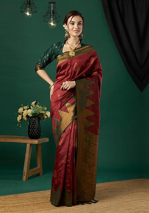 Maroon Zari Woven Banarasi Silk Saree Set
