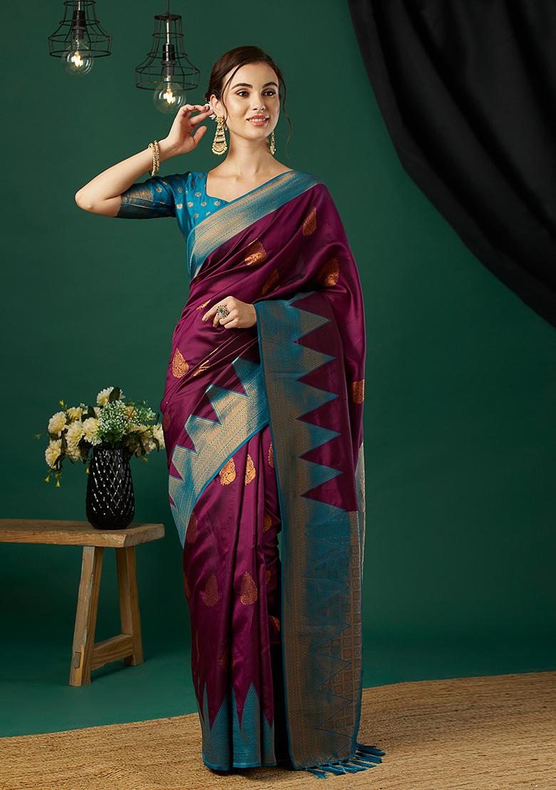Wine Zari Woven Banarasi Silk Saree Set