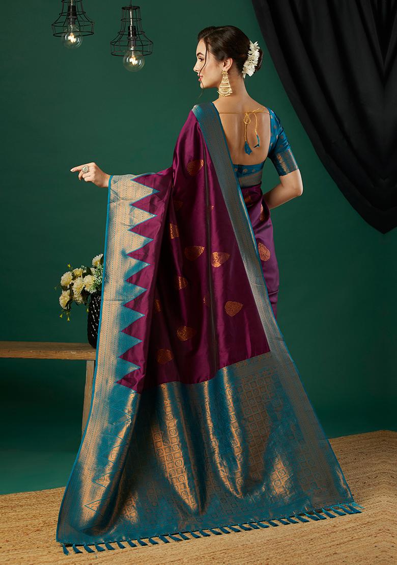 Wine Zari Woven Banarasi Silk Saree Set