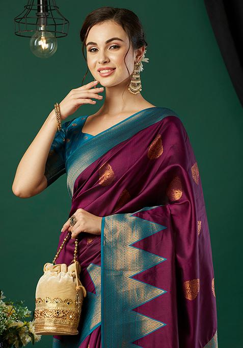 Wine Zari Woven Banarasi Silk Saree Set
