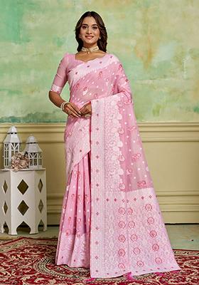Pink Zari Woven Cotton Saree Set