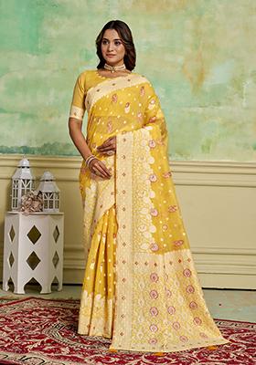 Yellow Zari Woven Cotton Saree Set