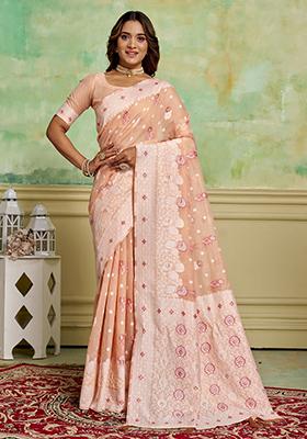 Peach Zari Woven Cotton Saree Set