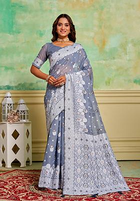 Grey Zari Woven Cotton Saree Set