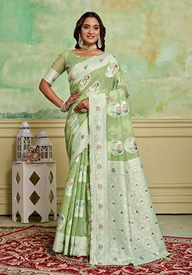 Green Zari Woven Cotton Saree Set