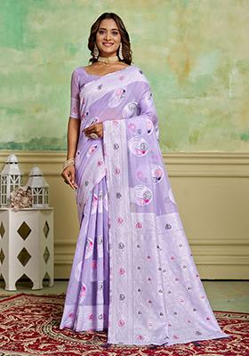 Lavender Zari Woven Cotton Saree Set
