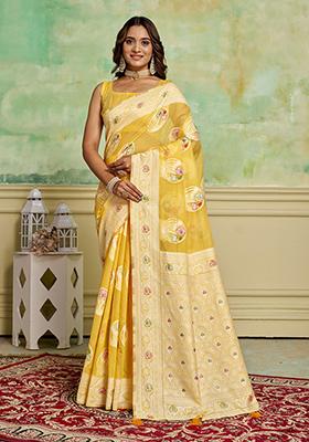 Yellow Zari Woven Cotton Saree Set