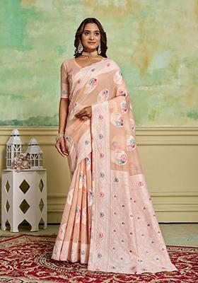 Peach Zari Woven Cotton Saree Set