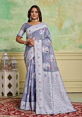 Grey Zari Woven Cotton Saree Set