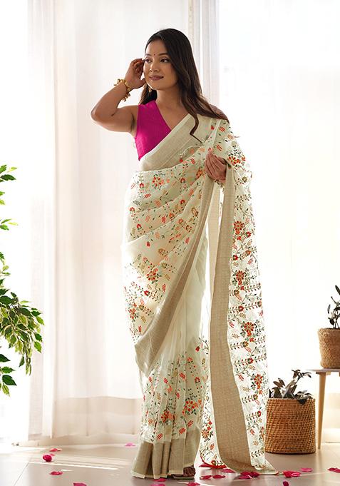 Yellow Zari Thread Embroidered Organza Saree Set