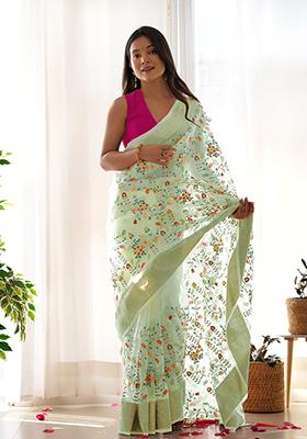 Pista Green Zari Thread Embroidered Organza Saree Set