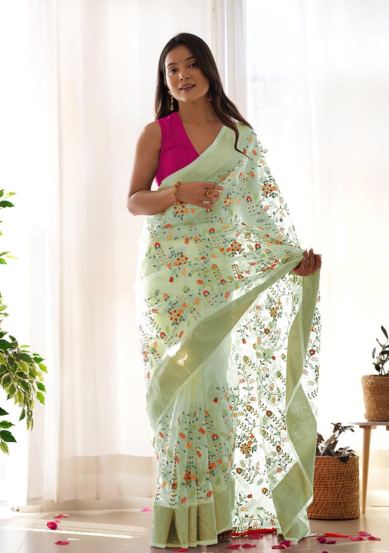 Pista Green Zari Thread Embroidered Organza Saree Set