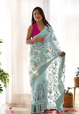 Grey Zari Thread Embroidered Organza Saree Set