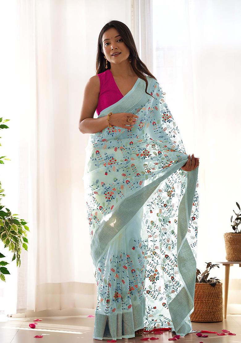 Grey Zari Thread Embroidered Organza Saree Set