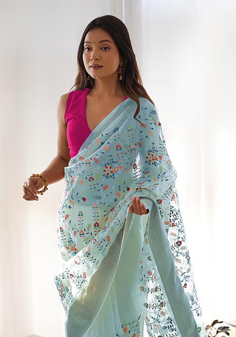 Grey Zari Thread Embroidered Organza Saree Set