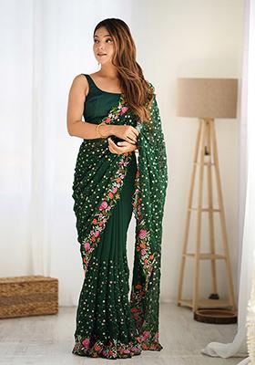 Green Sequin Thread Embroidered Georgette Saree Set