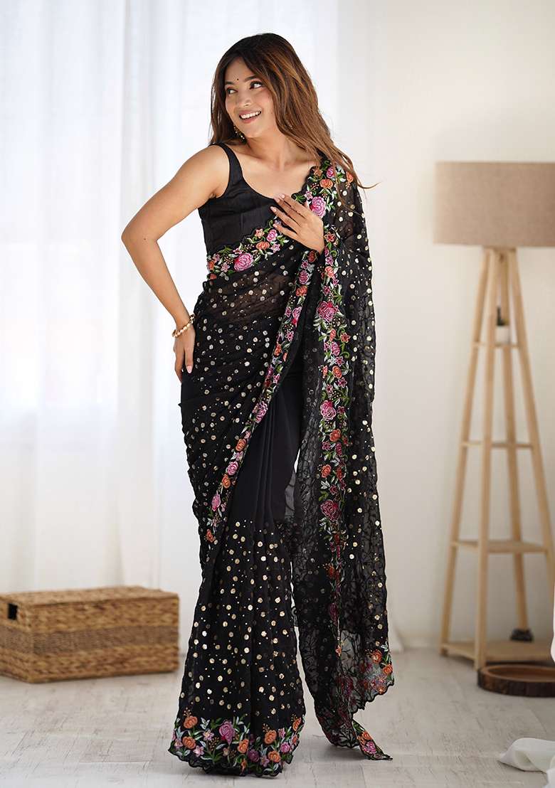 Black Sequin Thread Embroidered Georgette Saree Set - Indya